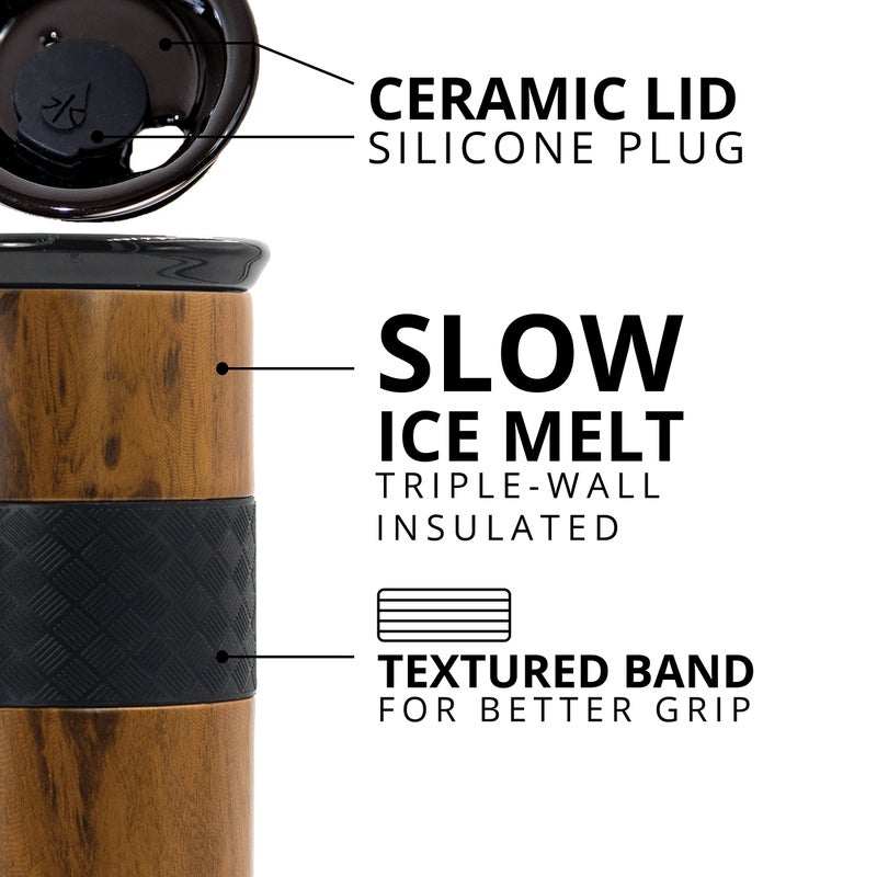 Elemental Artisan Insulated Tumbler, Triple Wall Coffee Travel Mug, Reusable Stainless Steel Coffee Tumbler with Ceramic Lid, Thermal Coffee Cups for Hot (6 Hrs) & Cold (18 Hrs), 16oz - Teakwood - Image 4